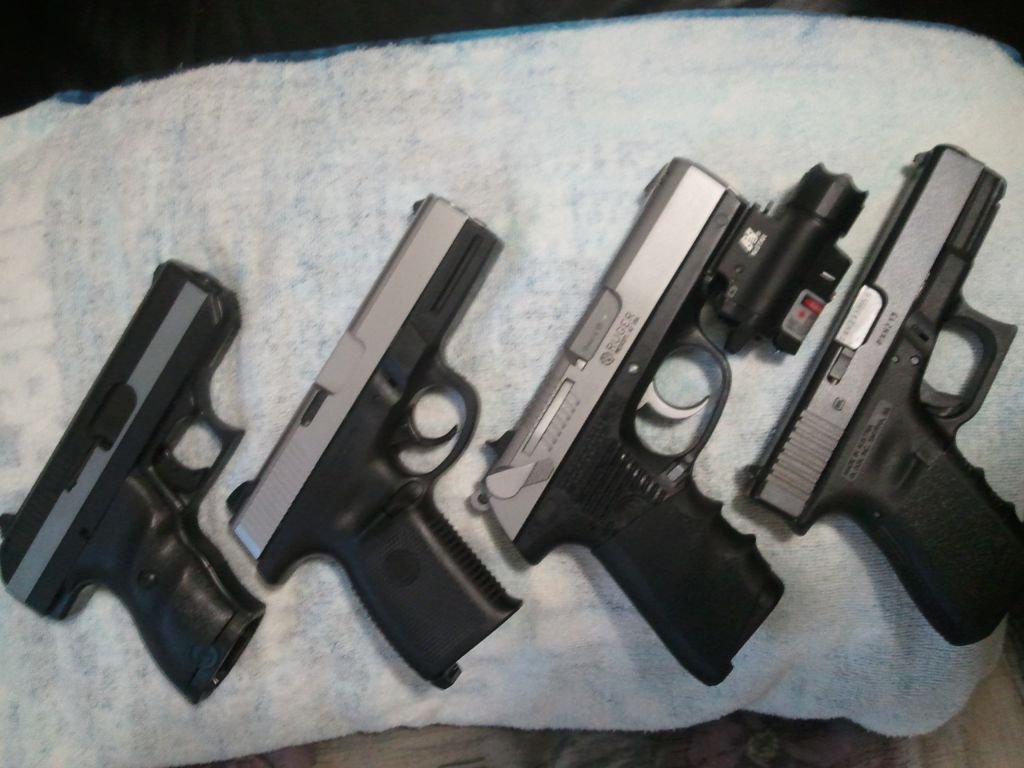 High point 9MM, s&w 9MM, ruger P95, glock 23.